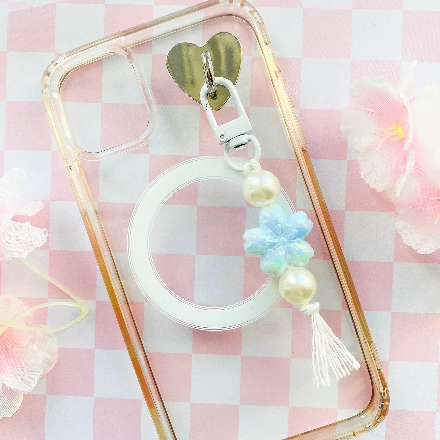 Chunky Sakura Bead Bag Charm Keychain, Floral Wrist Lanyard, Beaded Cherry Blossom Charm Strap Wristlet, Kawaii Bag Phone Key Accessory
