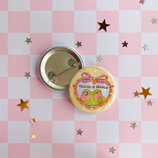 Certified Delulu Frog Button Pin