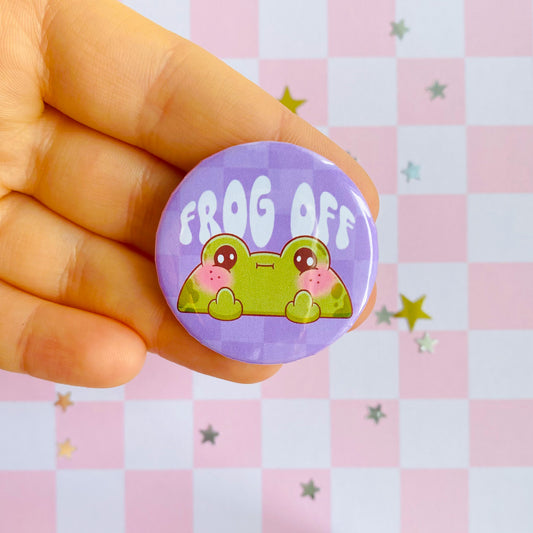 Frog Off Flipping Bird Button Pin