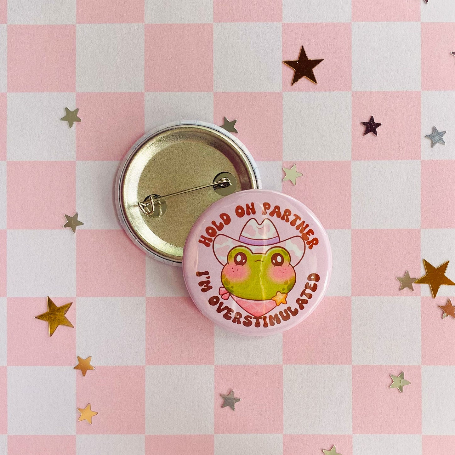 Overstimulated Frog Button Pin