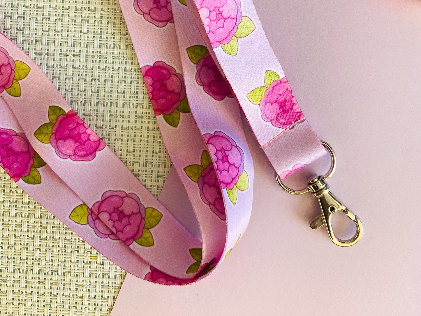 Pink Peony Flower Lanyard