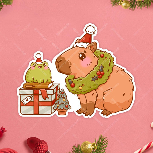 Christmas Cappybara and Frog Sticker