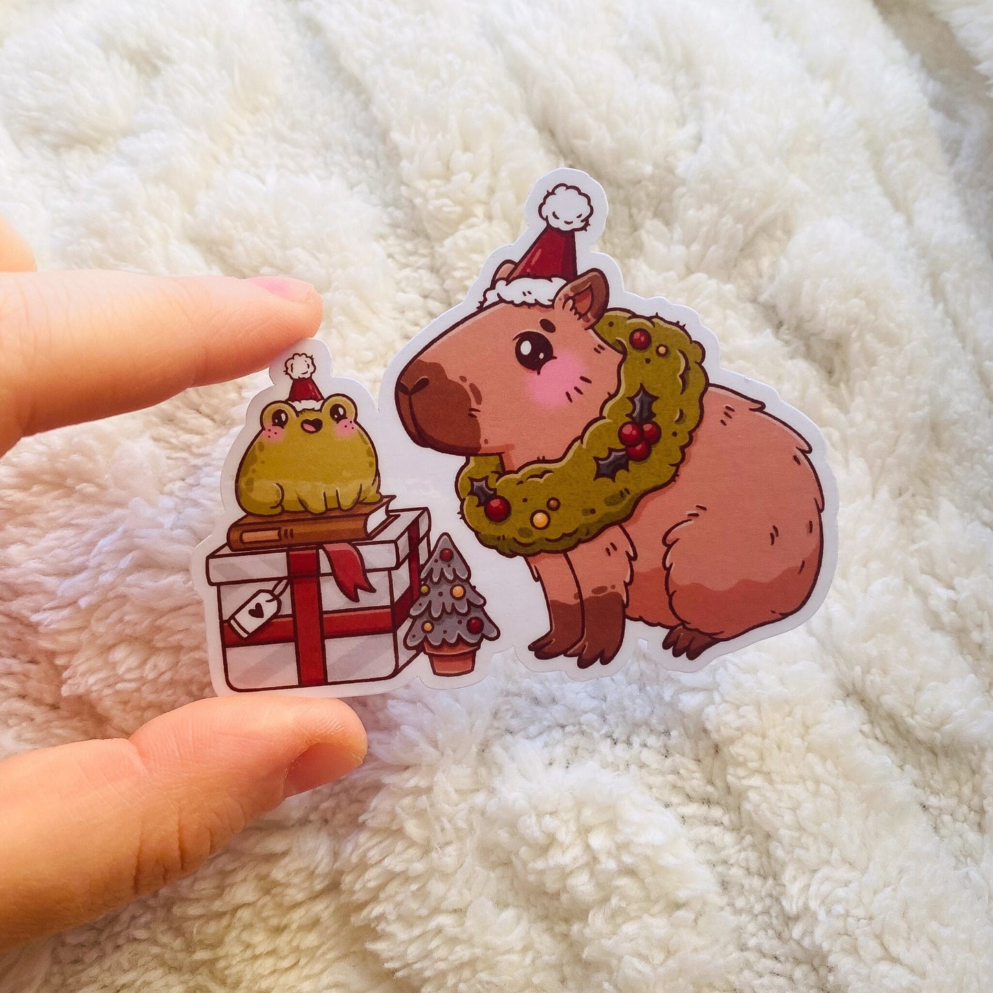 Christmas Cappybara and Frog Sticker