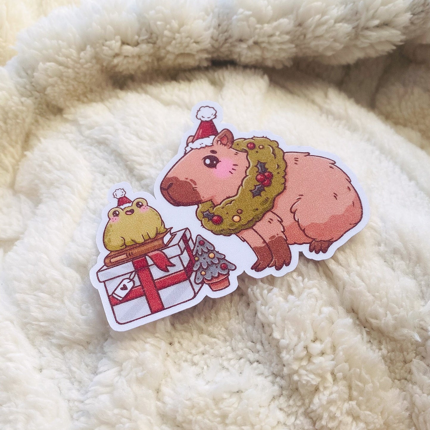 Christmas Cappybara and Frog Sticker