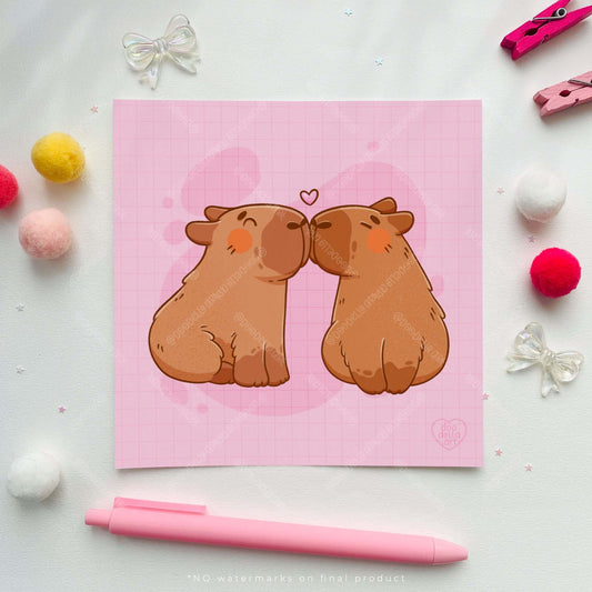 Capybara Couple Kissing Art Print