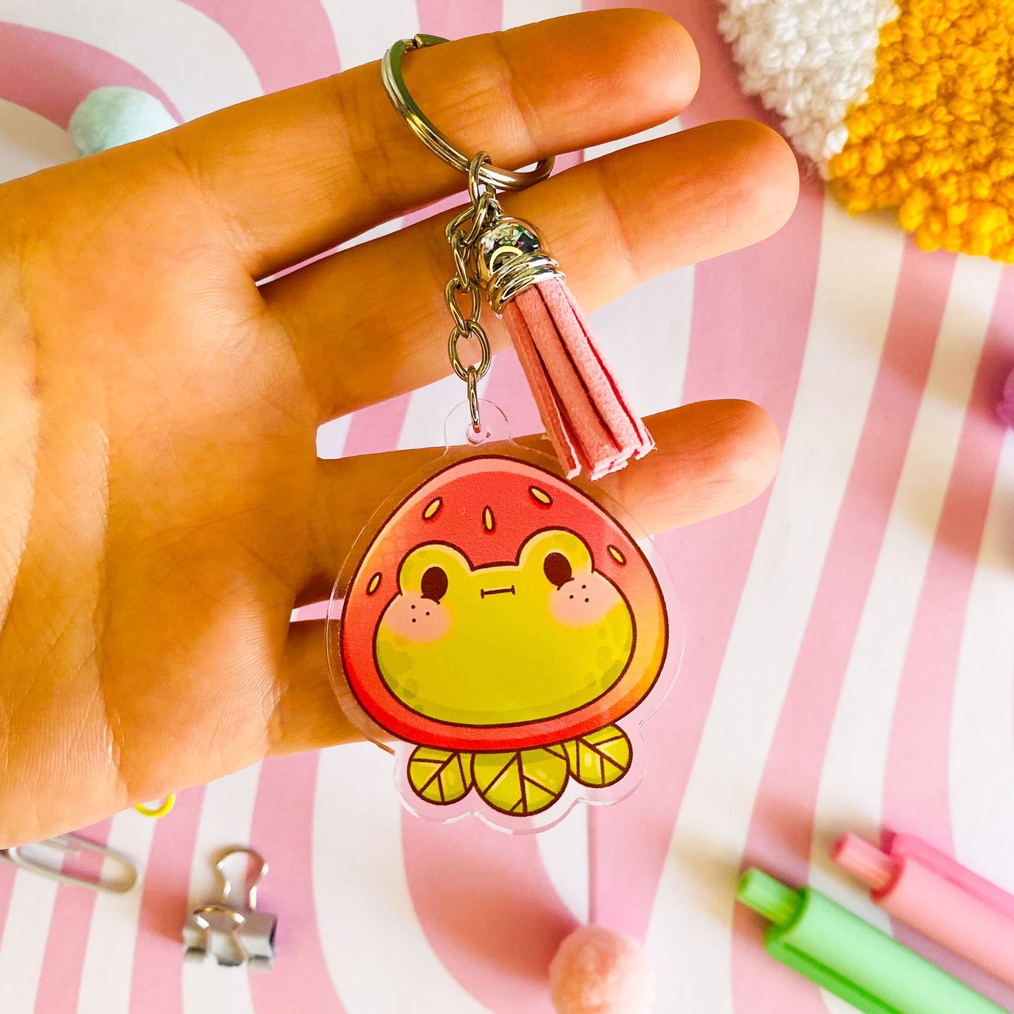 Frog in Strawberry Hat Keychain