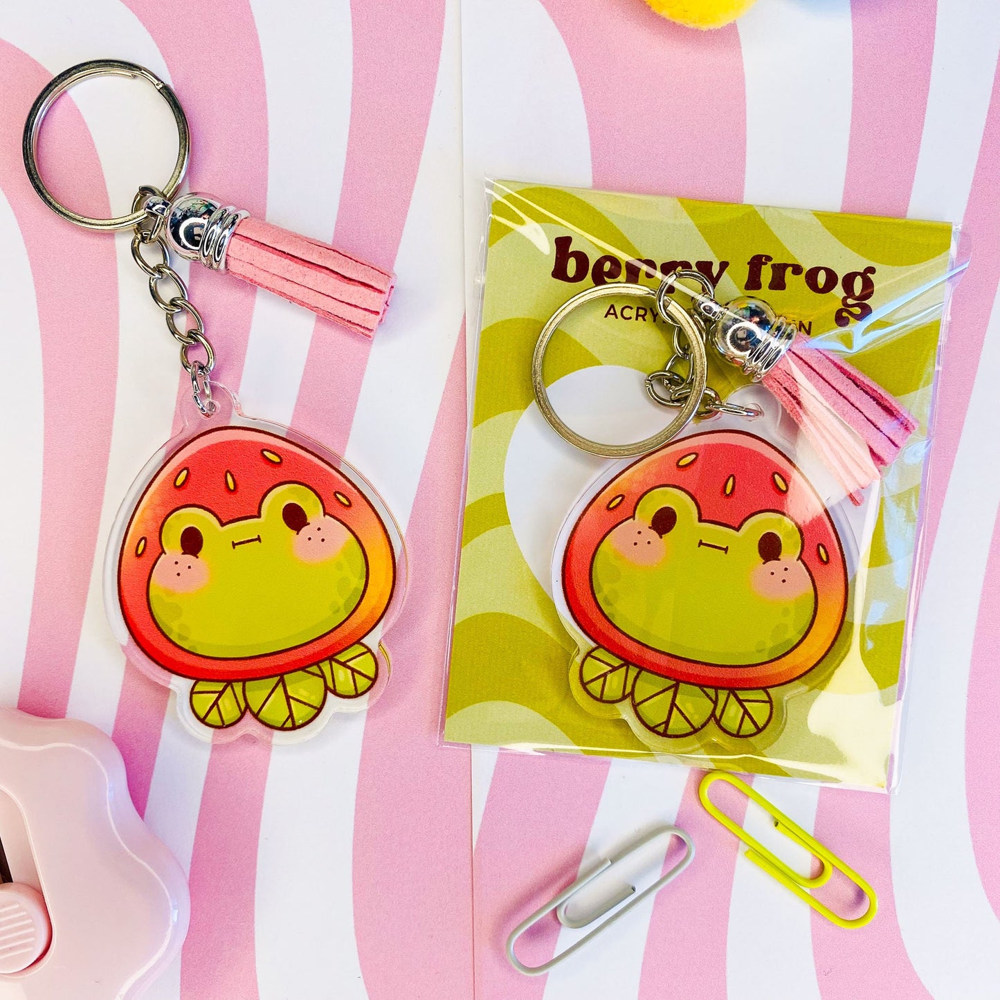 Frog in Strawberry Hat Keychain