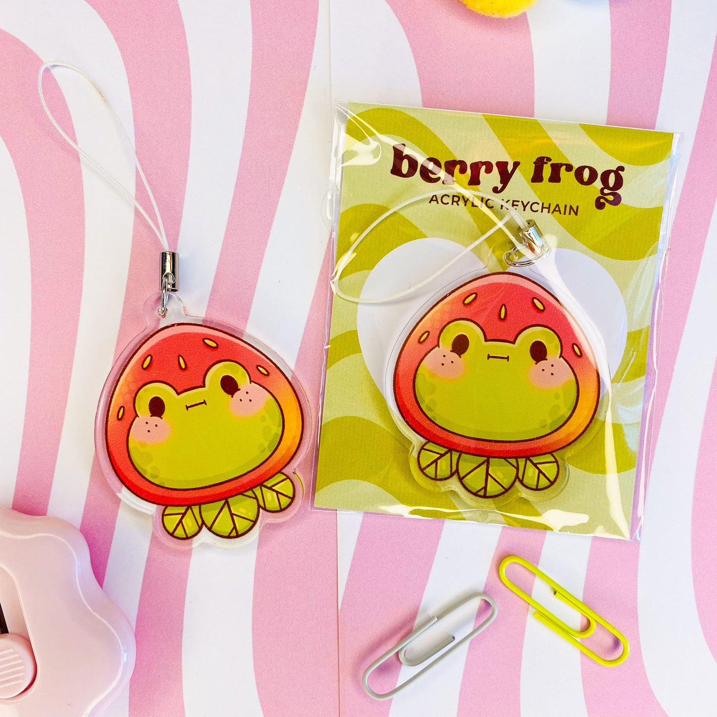 Frog in Strawberry Hat Keychain