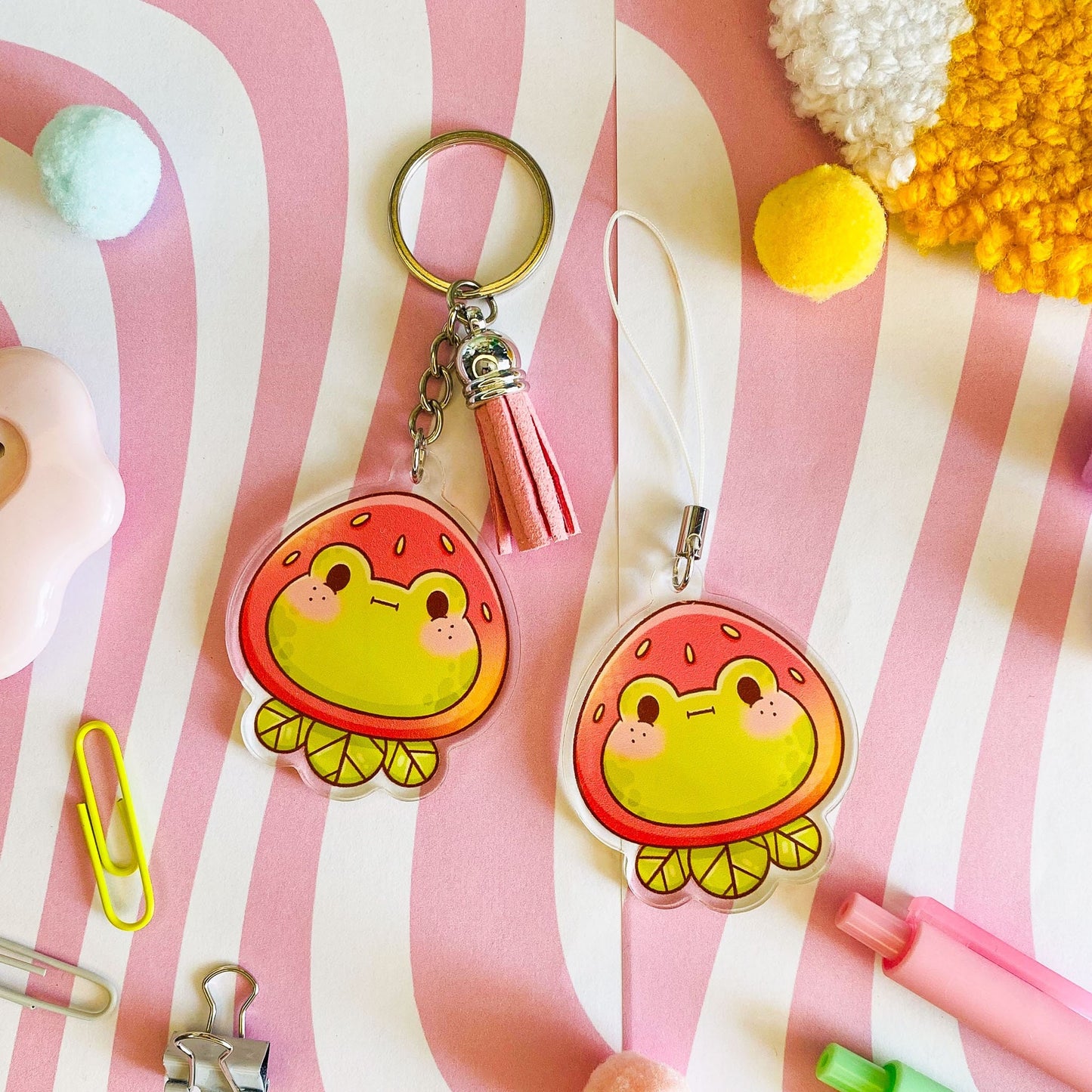 Frog in Strawberry Hat Keychain