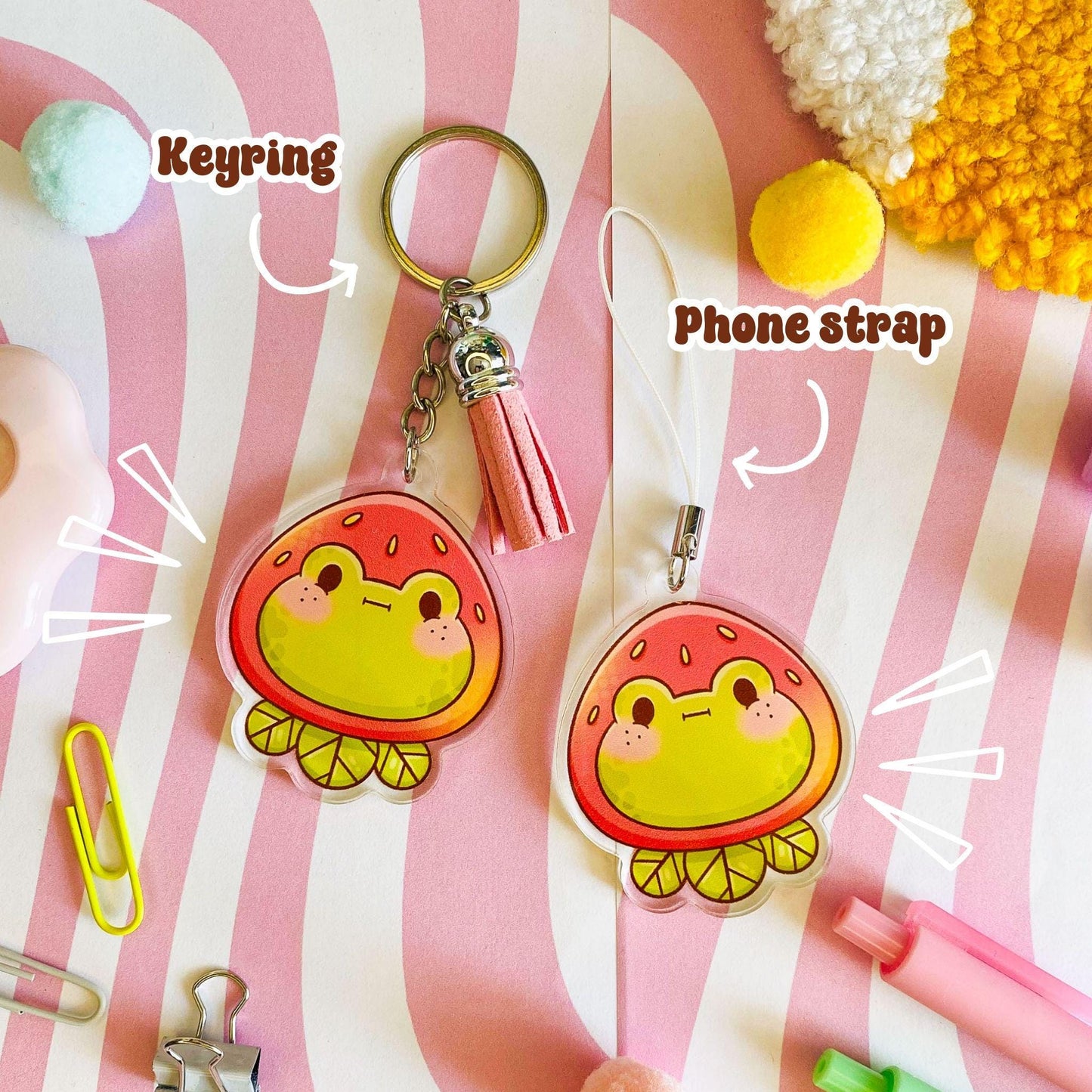 Frog in Strawberry Hat Keychain