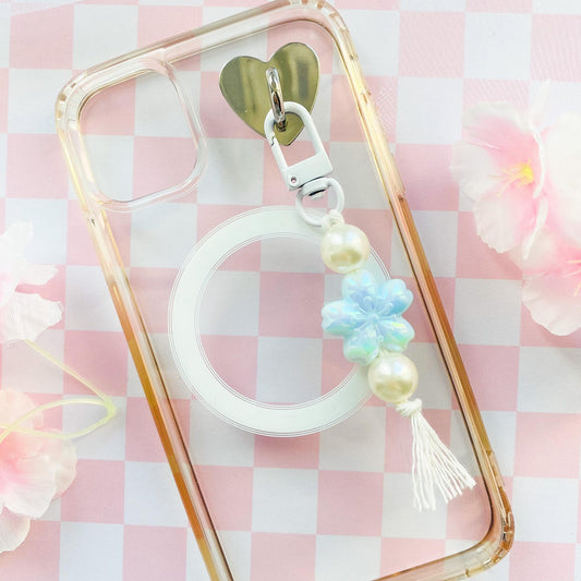Chunky Sakura Bead Bag Charm Keychain, Floral Wrist Lanyard, Beaded Cherry Blossom Charm Strap Wristlet, Kawaii Bag Phone Key Accessory
