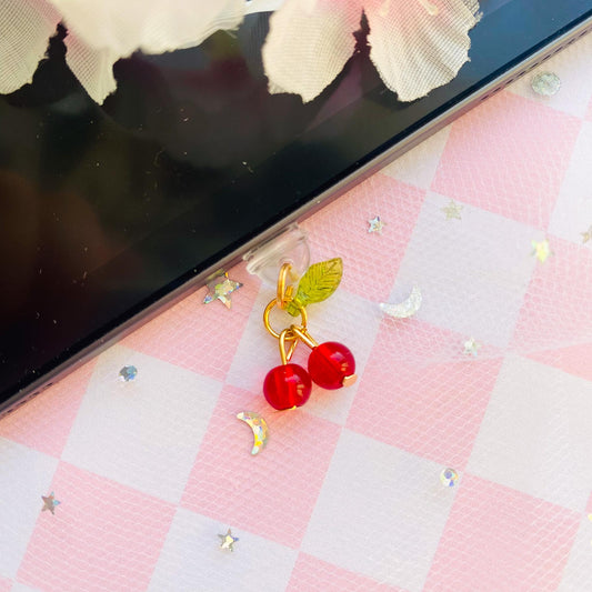 Juicy Cherry Dust Plug, Red Beaded Cherries Charm, Dust Plug for Switch Gaming Controller Earphone Audio Jack Attachment