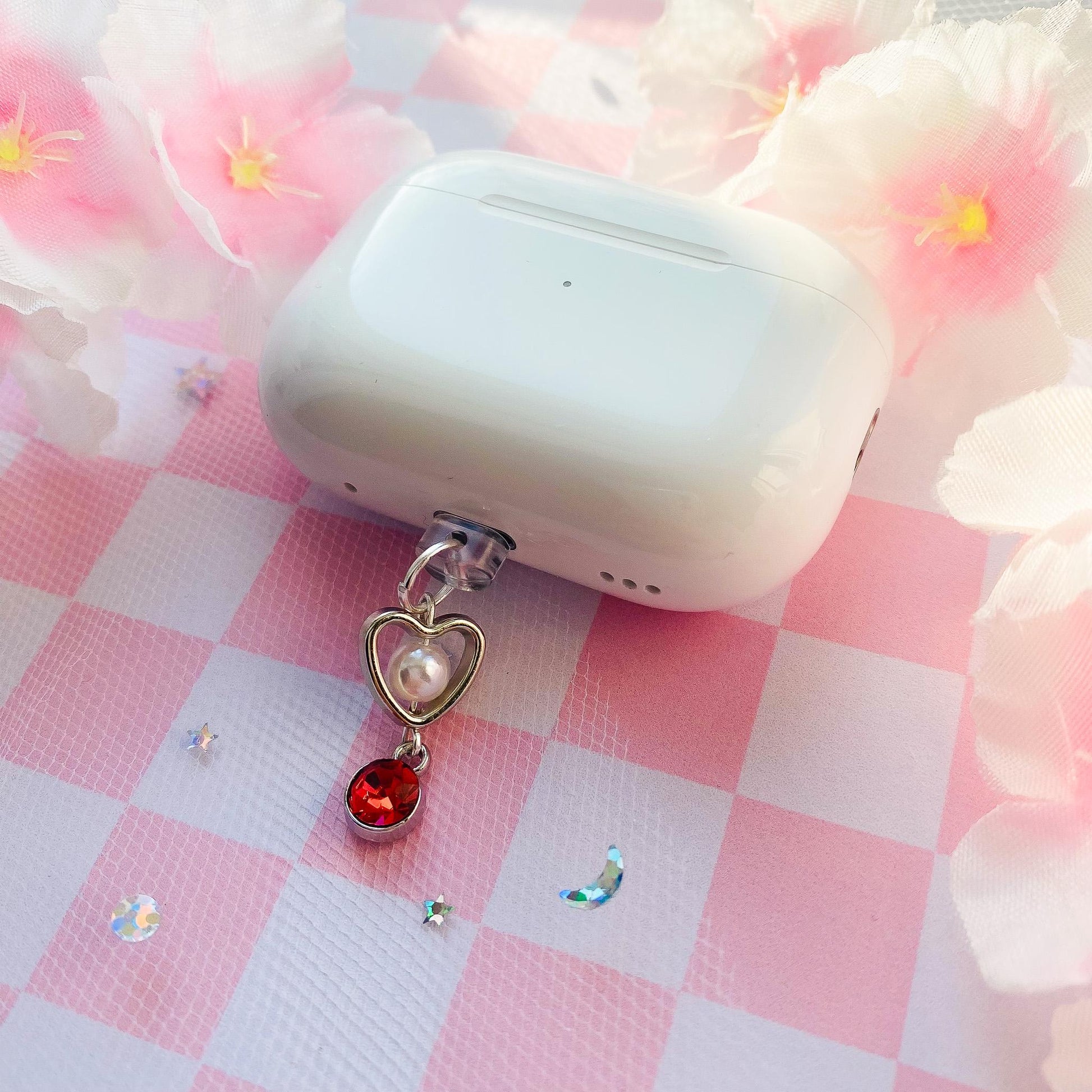 Birthstone Dust Plug, Personalizable Gemstone Heart with Pearl Charm, Dust Plug for Switch Gaming Controller Earphone Audio Jack Attachment