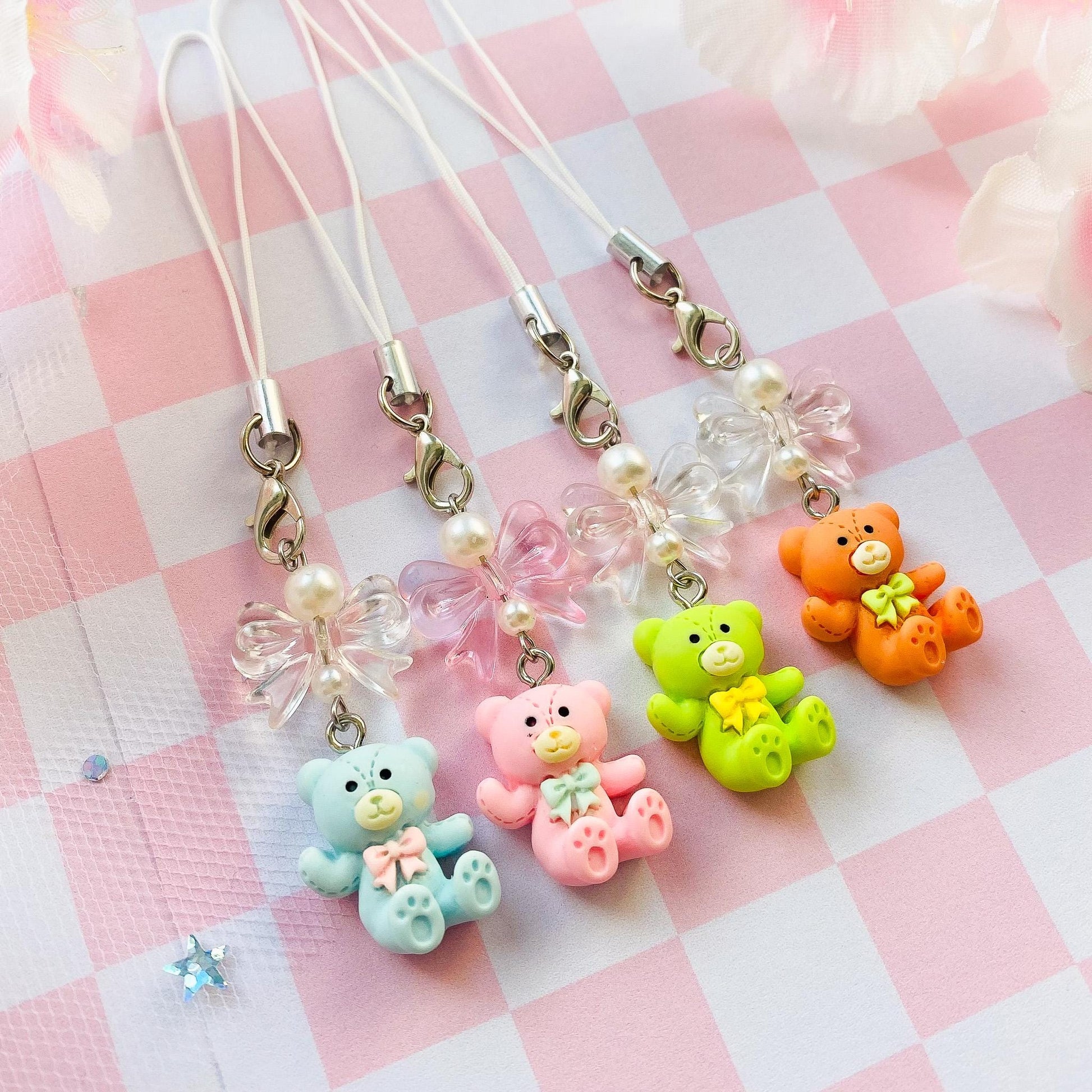 Teddy Bear Phone Charm, Pastel Bear Toy Phone Strap, Kawaii Lanyard Keychain Charm Accessory, Gift for Her