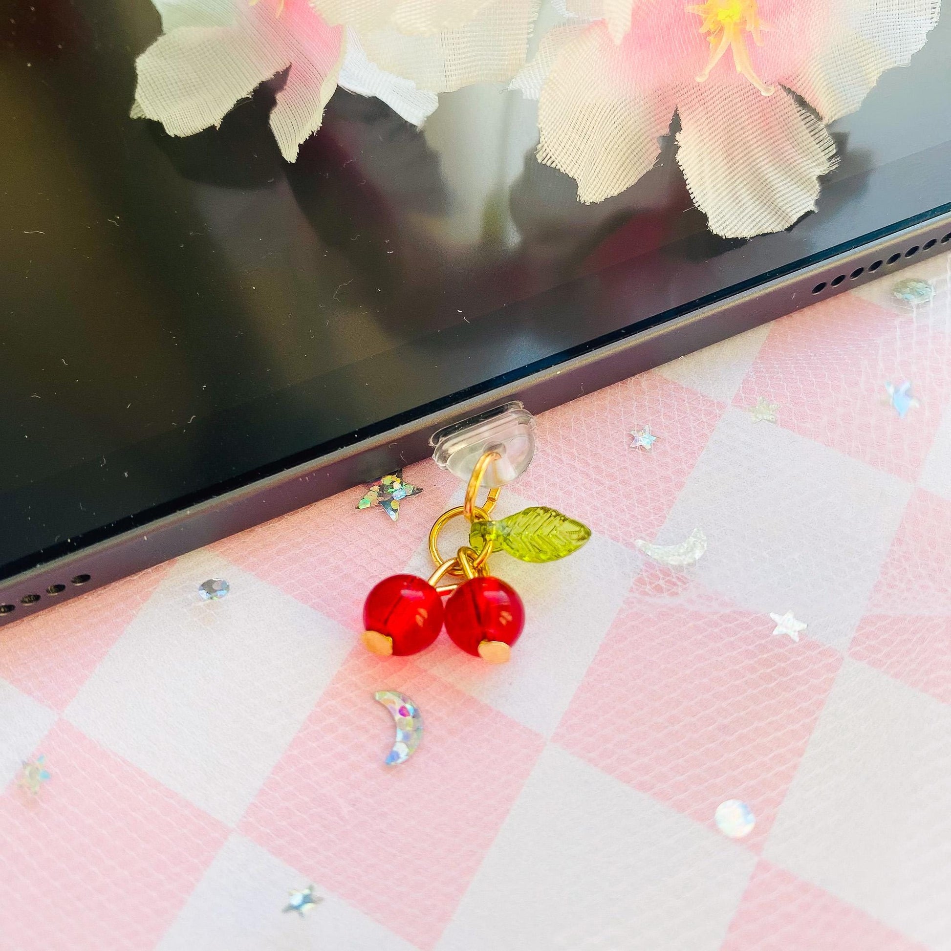 Juicy Cherry Dust Plug, Red Beaded Cherries Charm, Dust Plug for Switch Gaming Controller Earphone Audio Jack Attachment