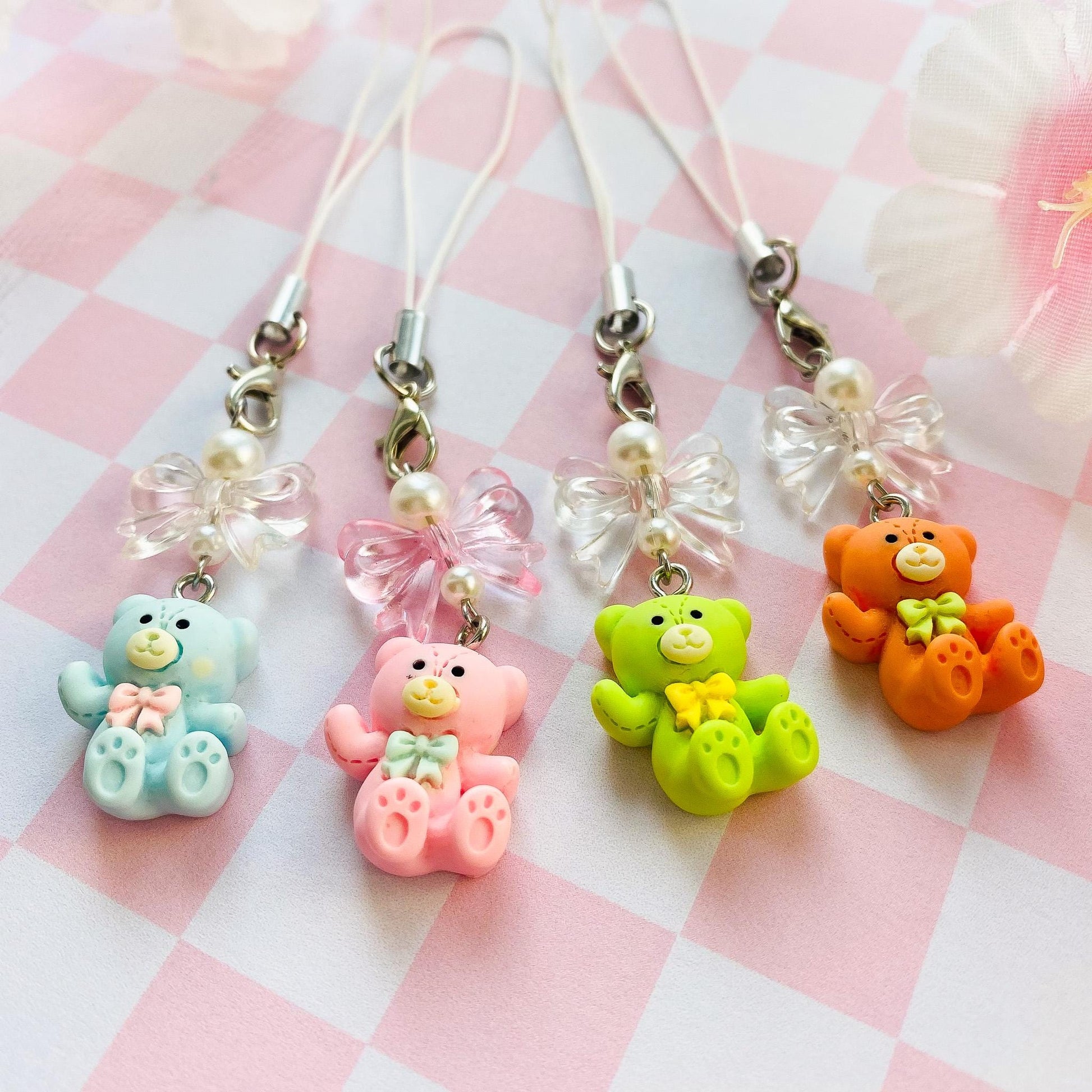 Teddy Bear Phone Charm, Pastel Bear Toy Phone Strap, Kawaii Lanyard Keychain Charm Accessory, Gift for Her