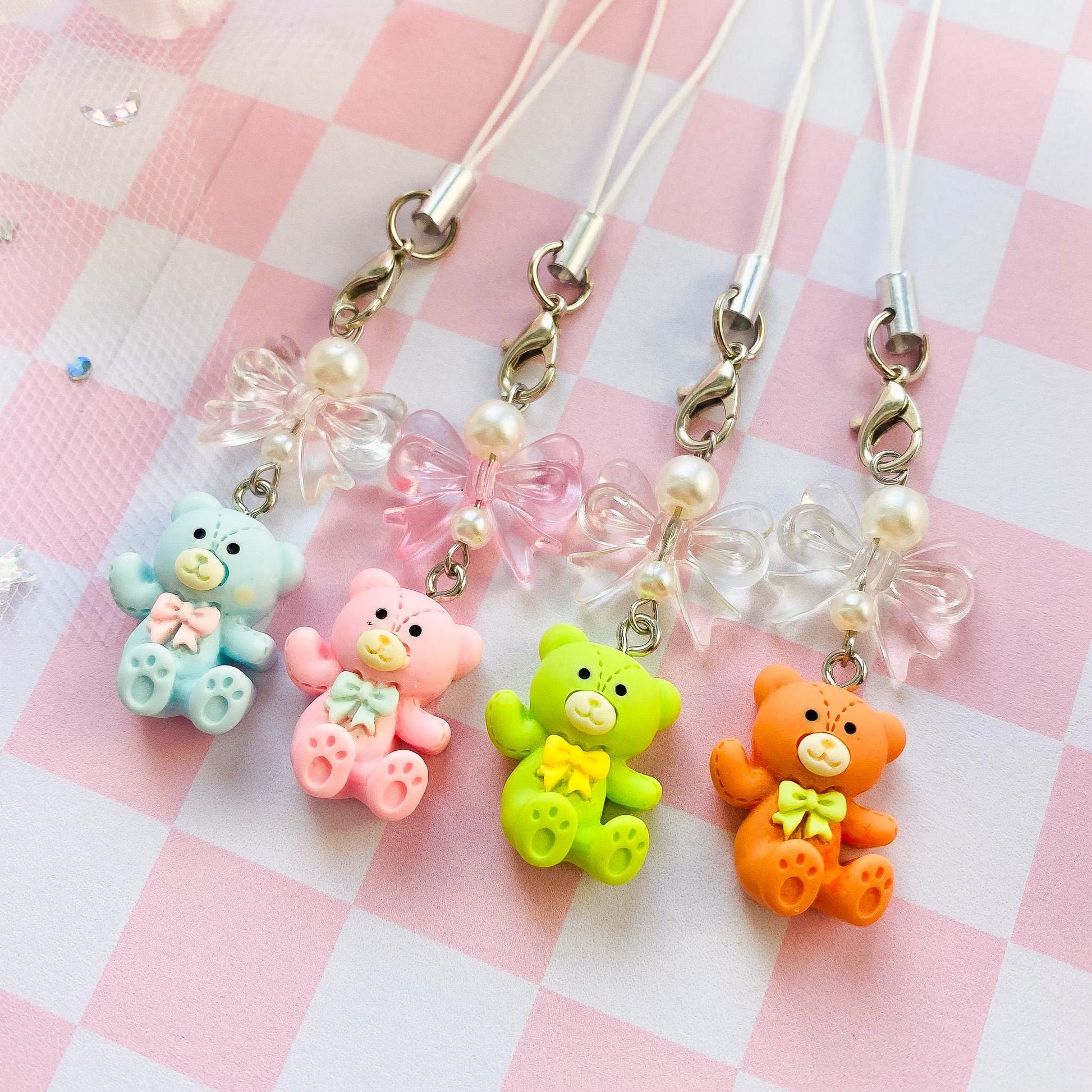 Teddy Bear Phone Charm, Pastel Bear Toy Phone Strap, Kawaii Lanyard Keychain Charm Accessory, Gift for Her
