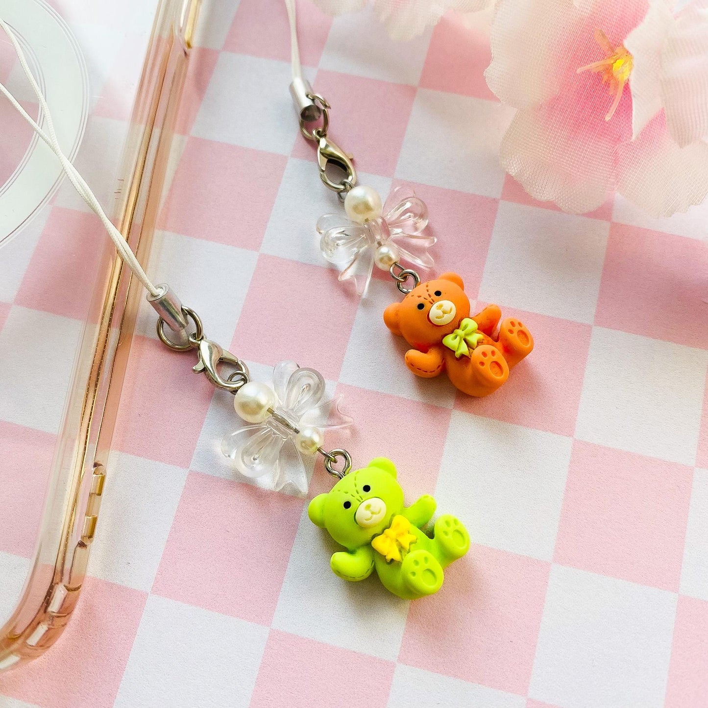 Teddy Bear Phone Charm, Pastel Bear Toy Phone Strap, Kawaii Lanyard Keychain Charm Accessory, Gift for Her