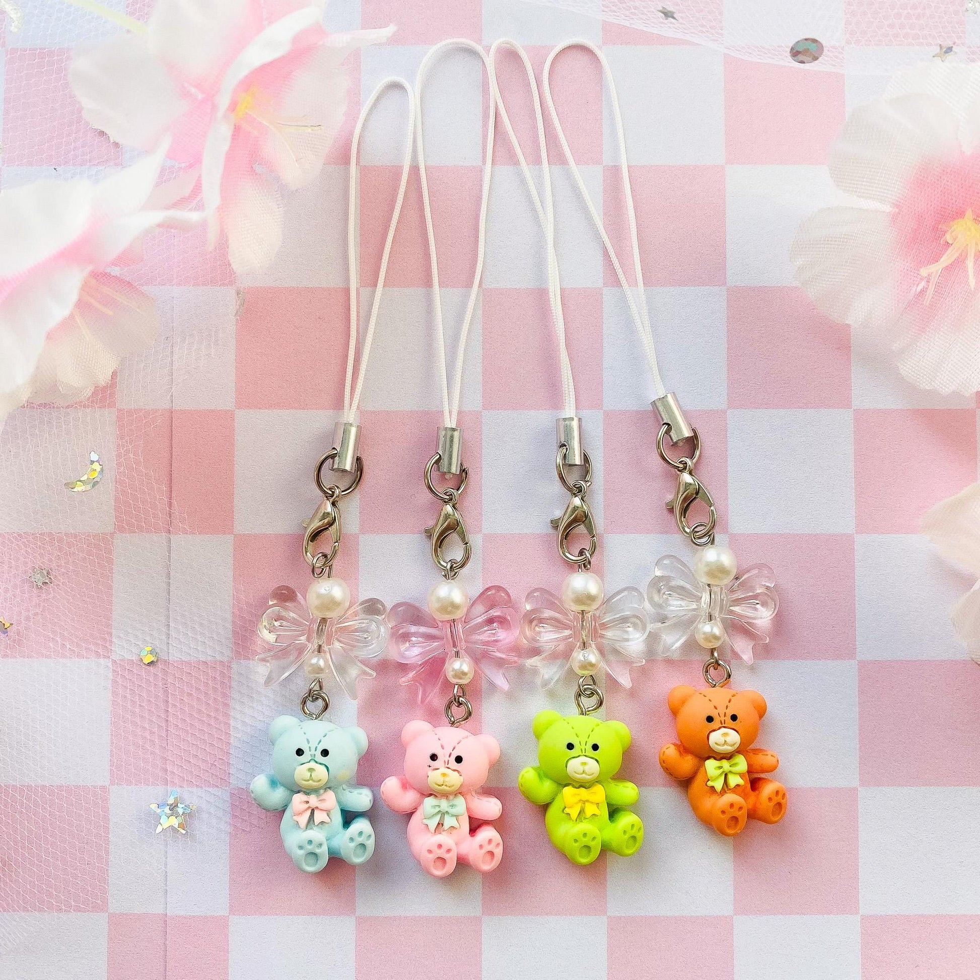 Teddy Bear Phone Charm, Pastel Bear Toy Phone Strap, Kawaii Lanyard Keychain Charm Accessory, Gift for Her